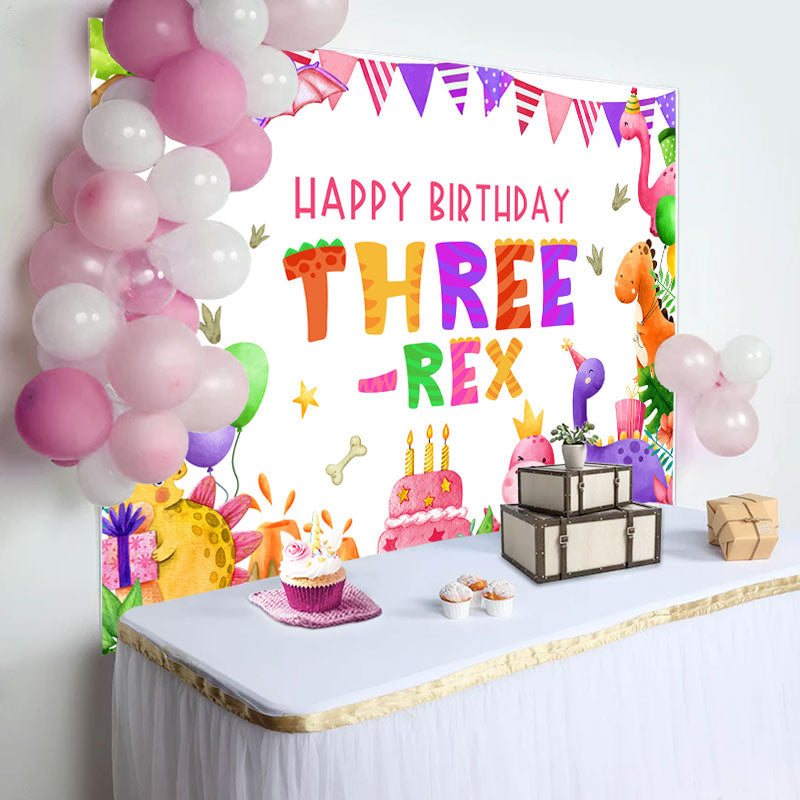 Aperturee - Three Rex Cute Dinosaur Girl 3rd Birthday Backdrop