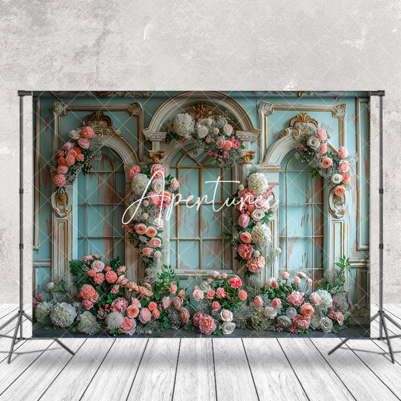 Aperturee - Tiffany Blue Floral Arch Wall Wedding Backdrop