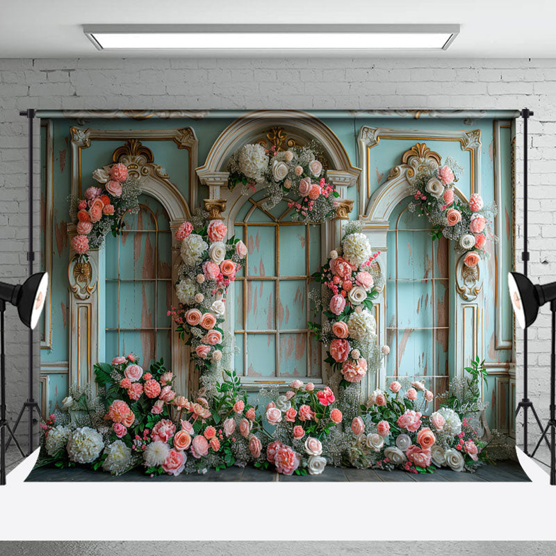 Aperturee - Tiffany Blue Floral Arch Wall Wedding Backdrop