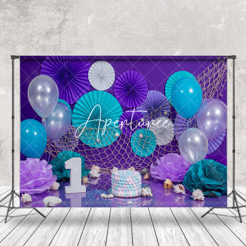 Aperturee - Tiffany Blue Purple Balloons Cake Smash Backdrop