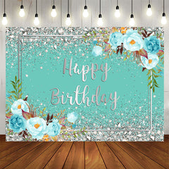 Aperturee - Tiffany Bule Flowers And Silver Happy Birthday Backdrop