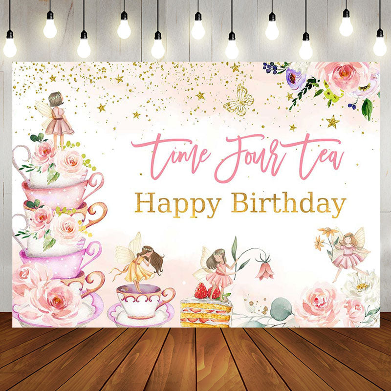 Aperturee - Time Four Tea Cups Fairy Floral Birthday Backdrop