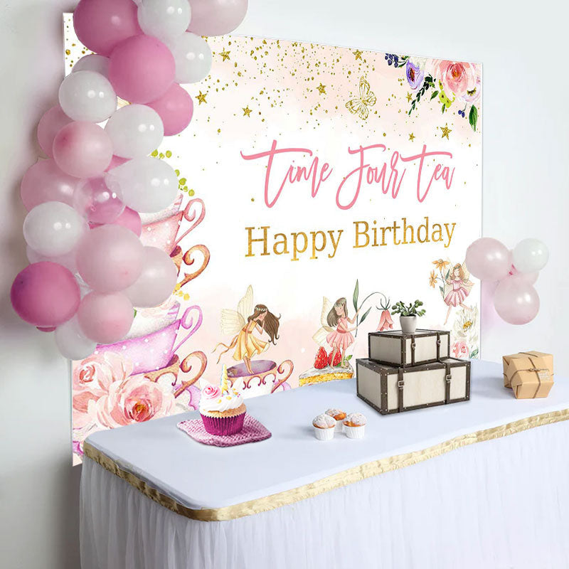 Aperturee - Time Four Tea Cups Fairy Floral Birthday Backdrop