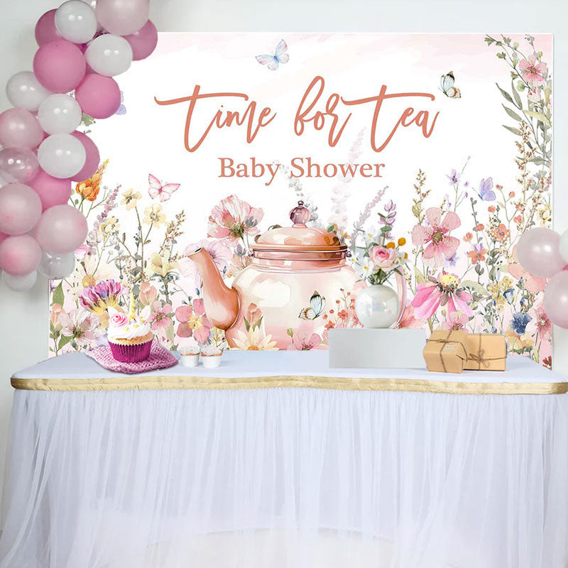 Aperturee - Time For Tea Butterfly Floral Baby Shower Backdrop