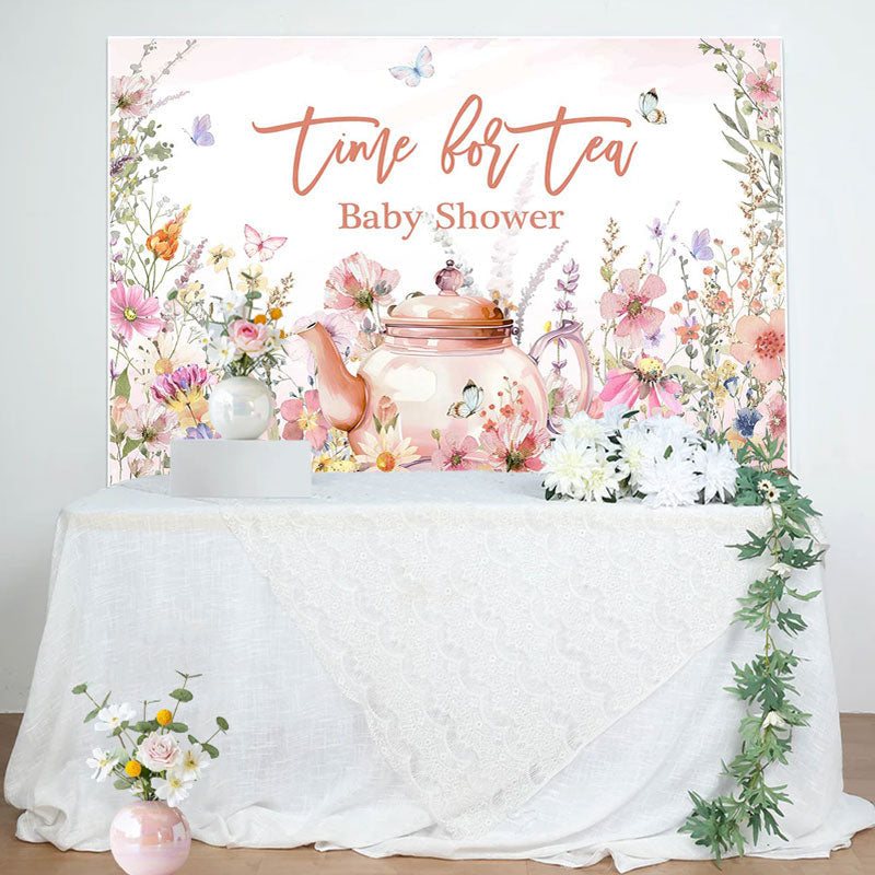 Aperturee - Time For Tea Butterfly Floral Baby Shower Backdrop