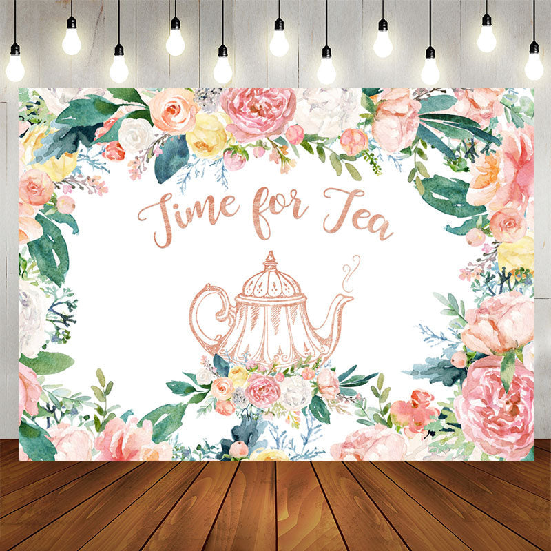 Aperturee - Time for Tea Pink Floral Teapot Backdrop for Tea Party