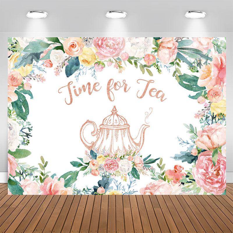 Aperturee - Time for Tea Pink Floral Teapot Backdrop for Tea Party