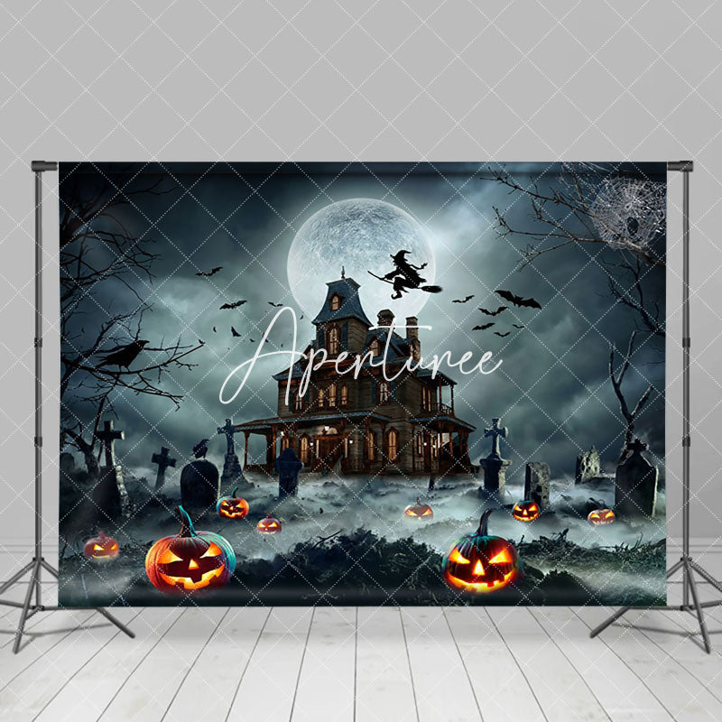 Aperturee - Tomb Manor Witch Moon Night Pumpkin Happy Halloween Backdrop