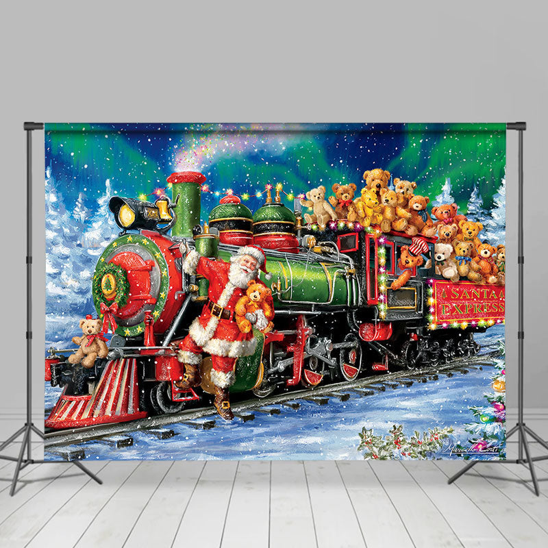 Aperturee - Train Bear Toy Santa Claus Snowy Christmas Backdrop