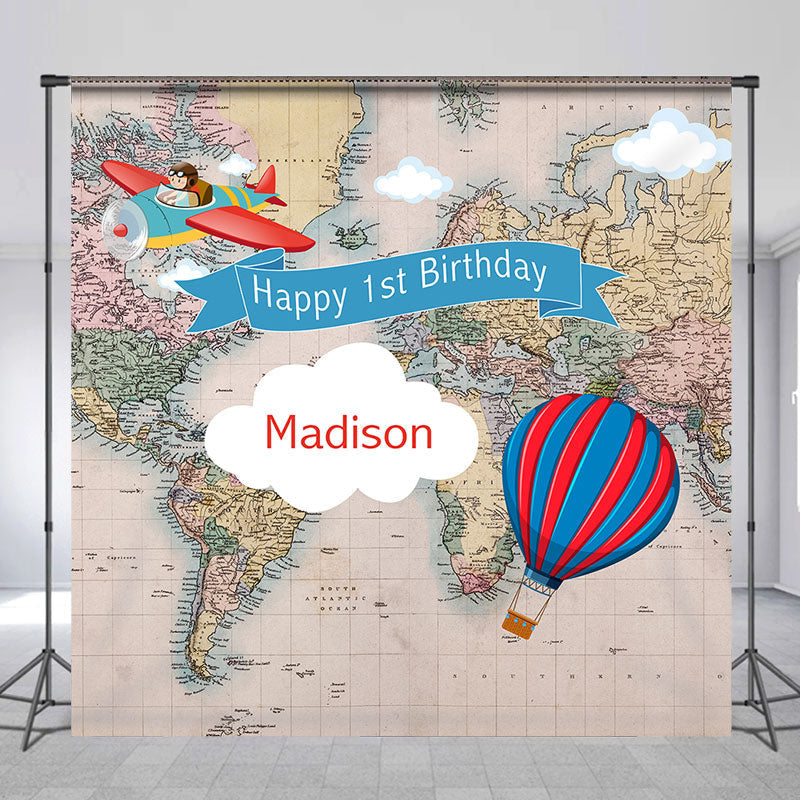 Aperturee - Travel Map Aircraft Custom 1st Birthday Backdrop