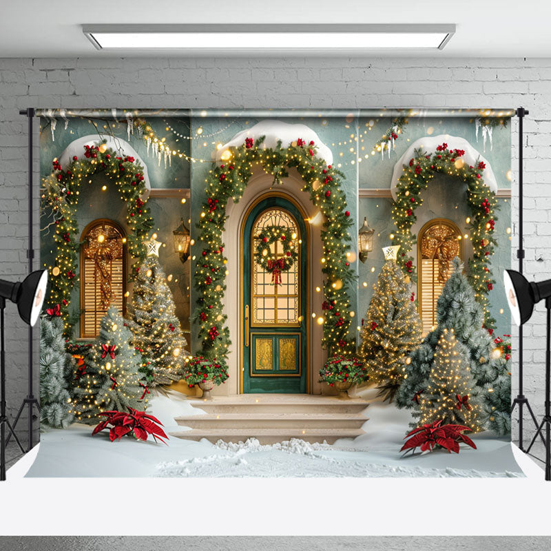 Aperturee - Tree Light Door Window Snow Scene Christmas Backdrop