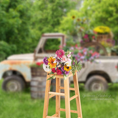 Aperturee - Trees And Meadow Truck Floral Spring Ideas Backdrop