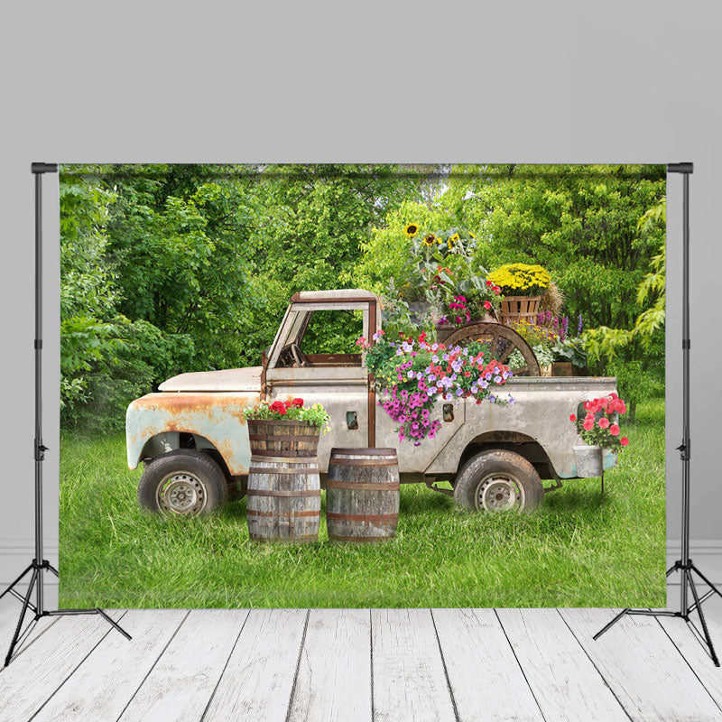 Aperturee - Trees And Meadow Truck Floral Spring Ideas Backdrop