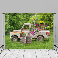 Aperturee - Trees And Meadow Truck Floral Spring Ideas Backdrop