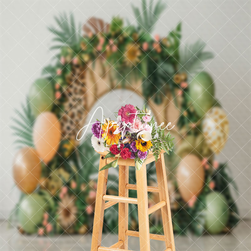 Aperturee - Tribal Monstera Balloons Leopard Cake Smash Backdrop