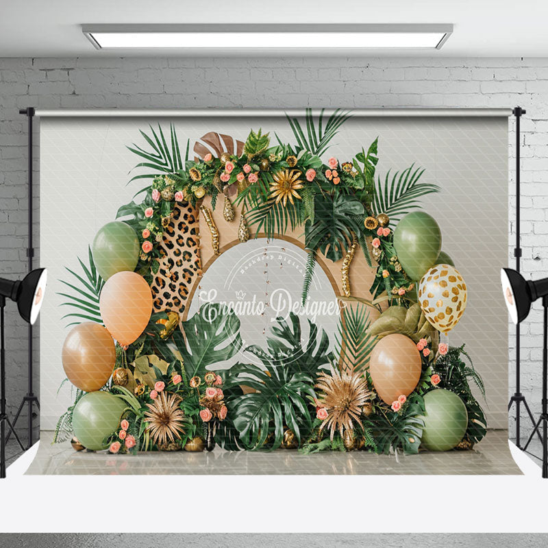 Aperturee - Tribal Monstera Balloons Leopard Cake Smash Backdrop