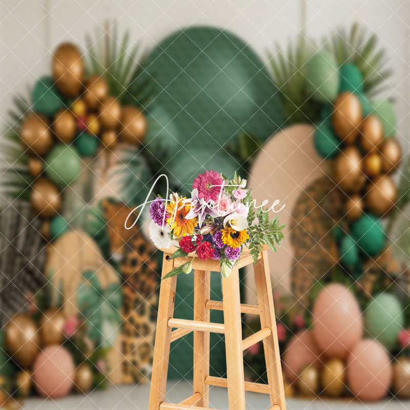 Aperturee - Tribal Plant Leopard Balloons Cake Smash Backdrop