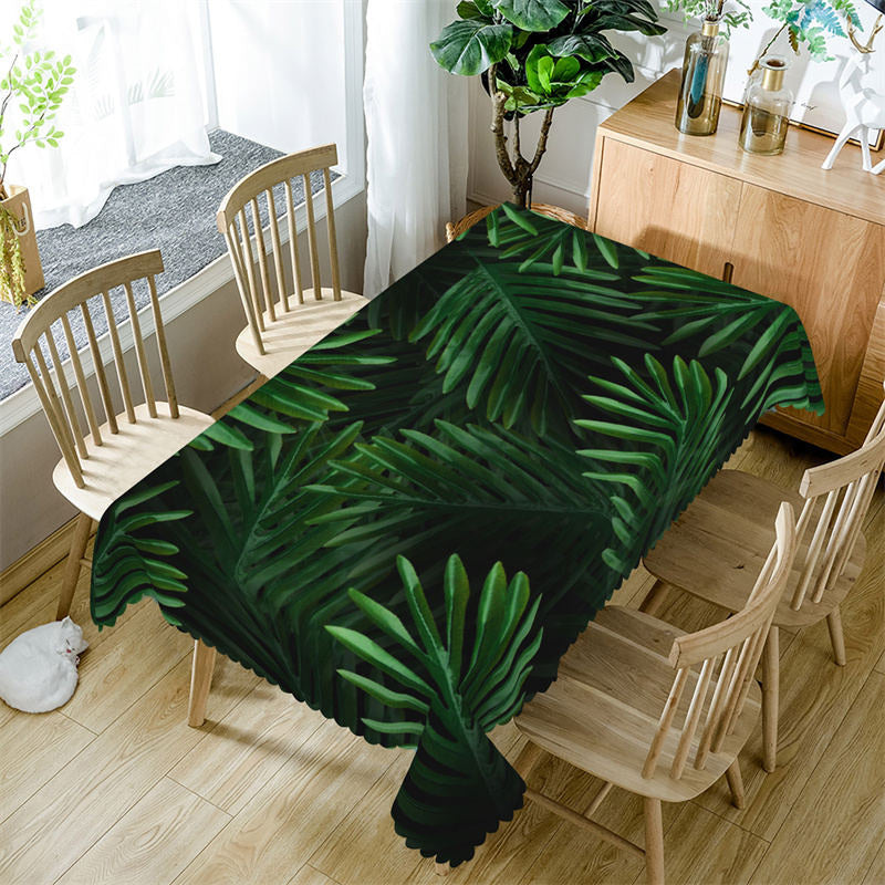 Aperturee - Tropical Dark Green Leaf Black Rectangle Tablecloth