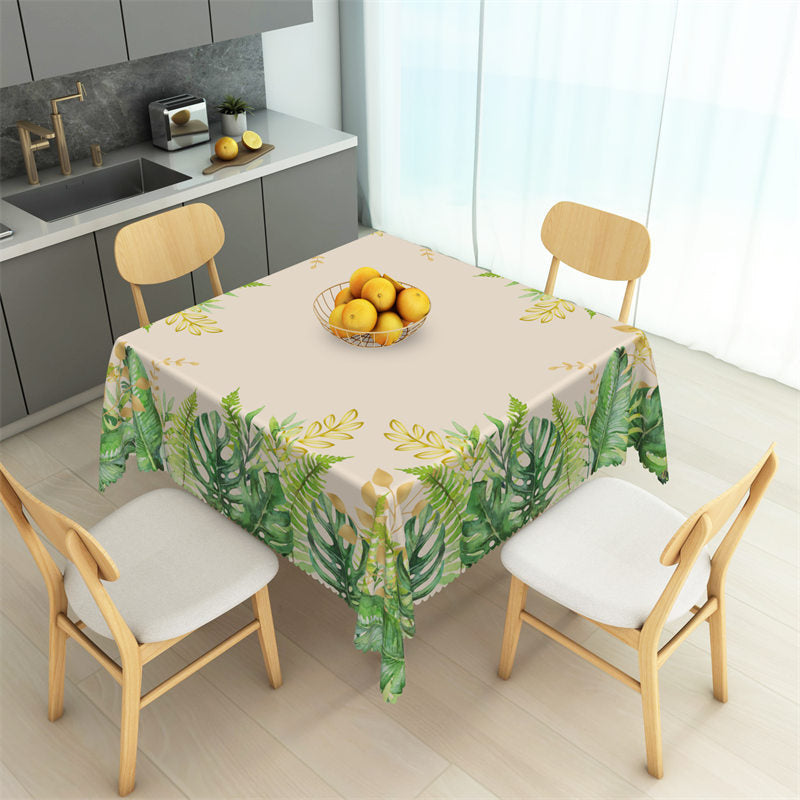 Aperturee - Tropical Green Golden Leaves Dining Room Tablecloth