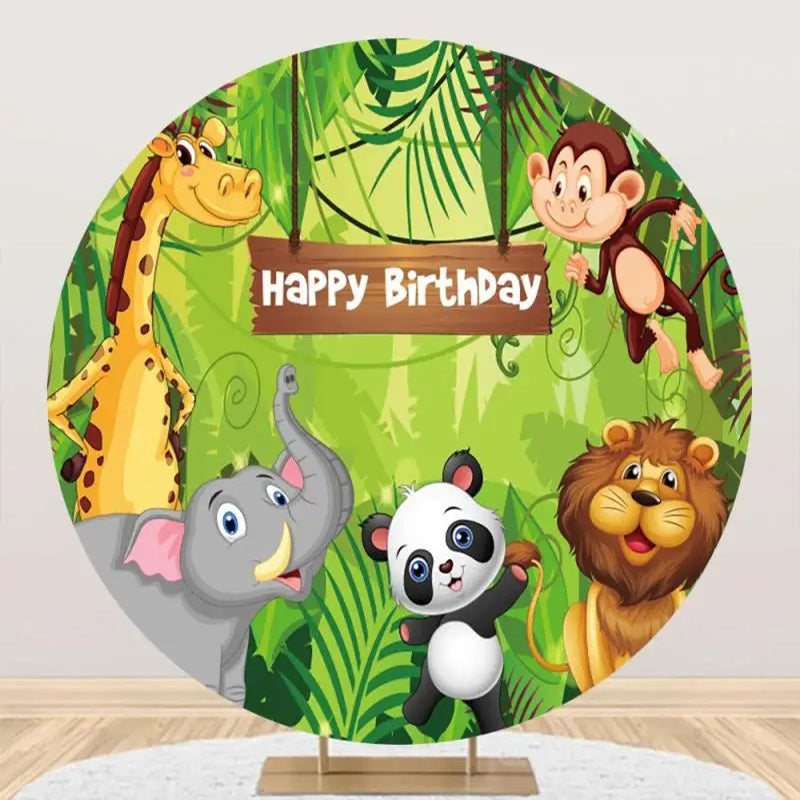 Aperturee - Tropical Green Leaves Animals Round Birthday Backdrop