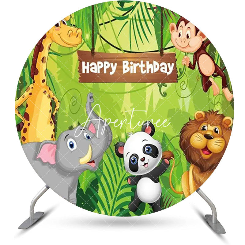 Aperturee - Tropical Green Leaves Animals Round Birthday Backdrop