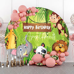 Aperturee - Tropical Green Leaves Animals Round Birthday Backdrop