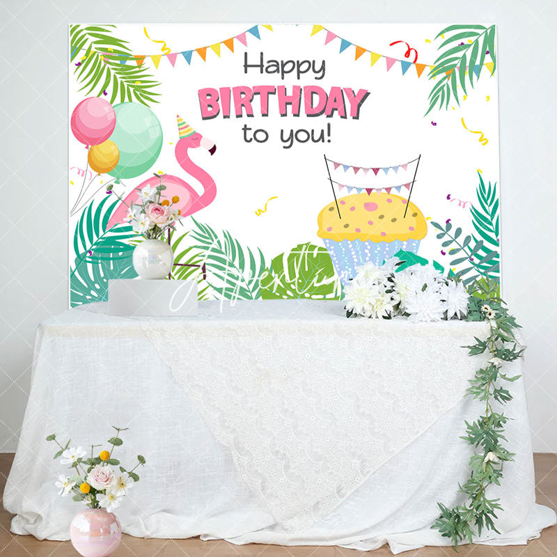 Aperturee - Tropical Green Monstera Flamingo Birthday Backdrop