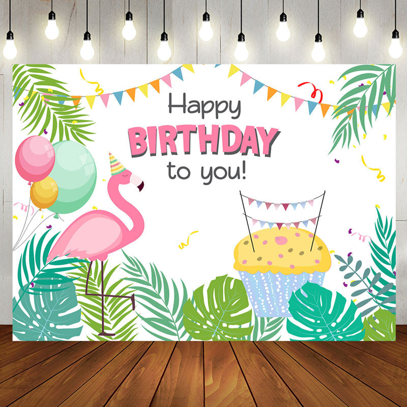 Aperturee - Tropical Green Monstera Flamingo Birthday Backdrop