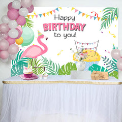 Aperturee - Tropical Green Monstera Flamingo Birthday Backdrop