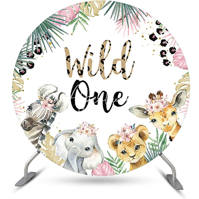 Aperturee - Tropical Leaves Animals Round 1st Birthday Backdrop