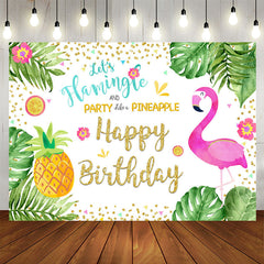 Aperturee - Tropical Leaves Flamingos Pineapple Birthday Backdrop