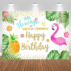 Aperturee - Tropical Leaves Flamingos Pineapple Birthday Backdrop