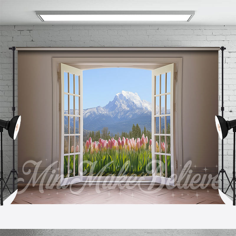 Aperturee - Tulip Snow Mountain Door And Window Spring Backdrop