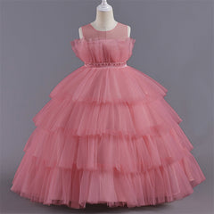 Aperturee - Tulle Princess Ruffles Lace Tiered Party Kids Dress