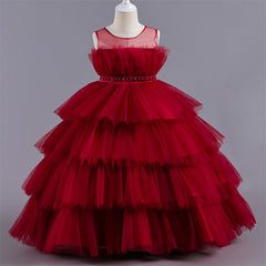 Aperturee - Tulle Princess Ruffles Lace Tiered Party Kids Dress