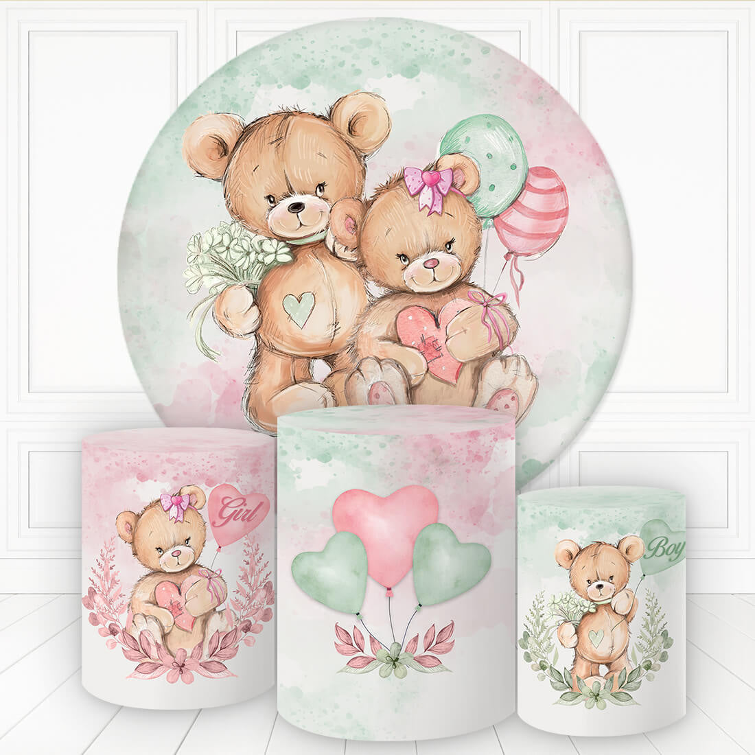 Aperturee Twin Bears With Balloon Round Backdrop Kit For Baby Shower