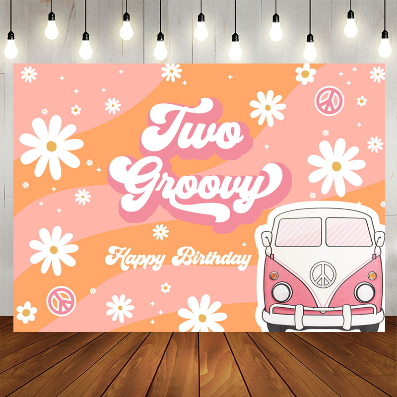 Aperturee - Two Groovy Daisy Van Girls Happy Birthday Backdrop