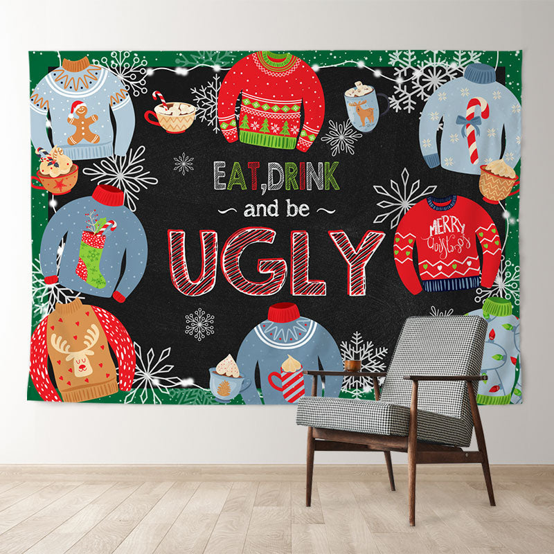 Aperturee - Ugly Sweater Eat Drink Snowy Christmas Backdrop