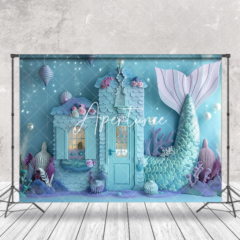 Aperturee - Undersea Blue Mermaid House Coral Cake Smash Backdrop