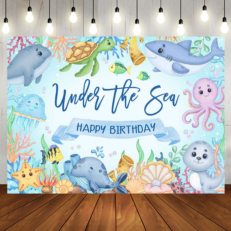 Aperturee - Undersea Marine Life Happy Birthday Backdrop For Boy