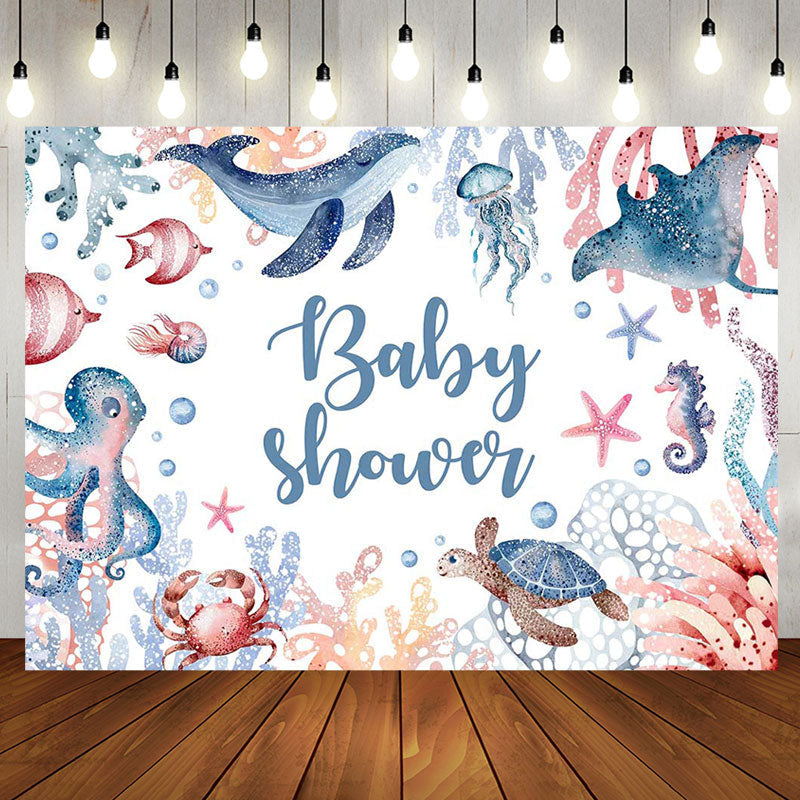 Aperturee - Undersea Whale Octopus Coral Baby Shower Backdrop