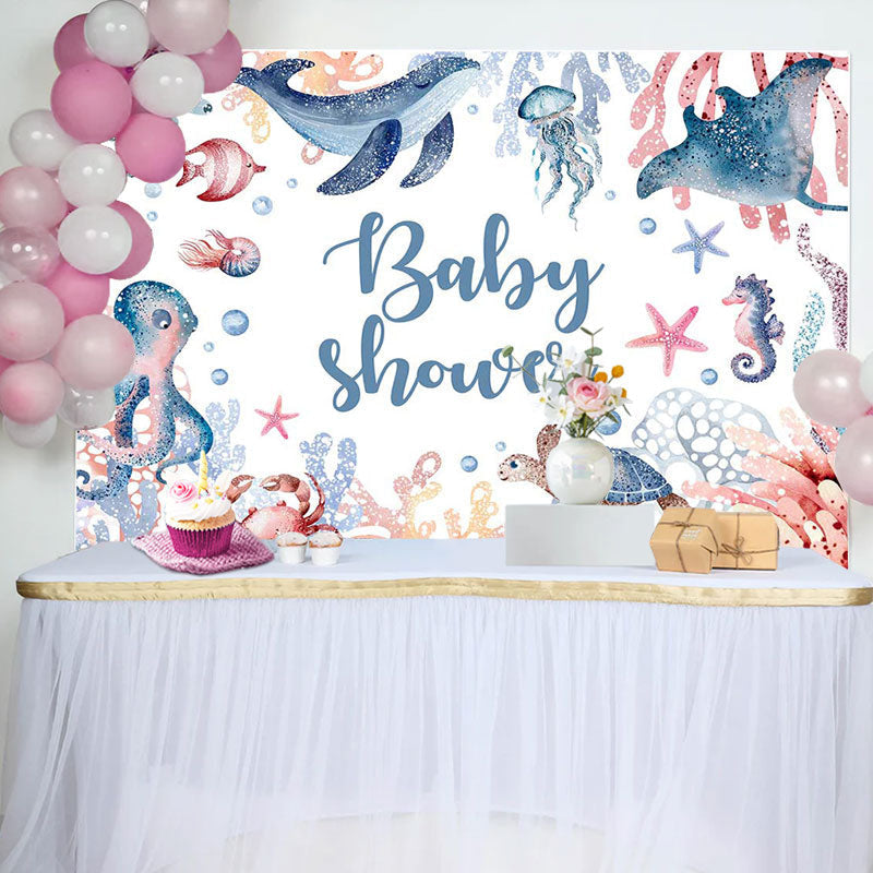 Aperturee - Undersea Whale Octopus Coral Baby Shower Backdrop