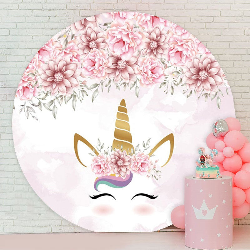 Aperturee - Unicorn Flower Round Birthday Backdrop For Party