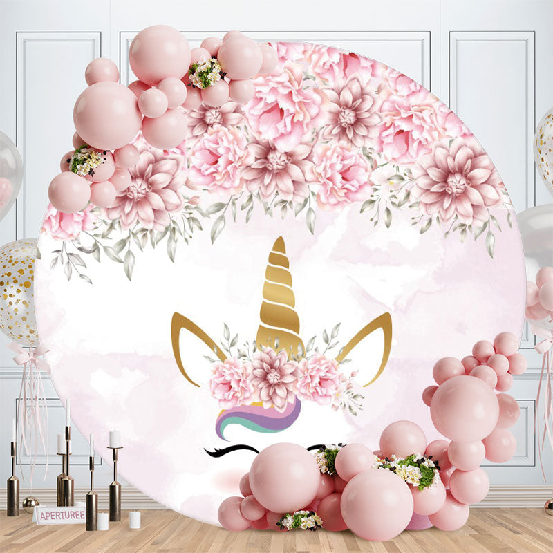 Aperturee - Unicorn Flower Round Birthday Backdrop For Party