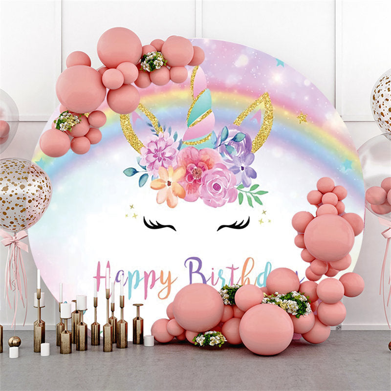 Aperturee Unicorn Rainbow Flowers Circle Happy Birthday Backdrop