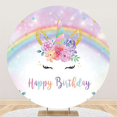 Aperturee Unicorn Rainbow Flowers Circle Happy Birthday Backdrop