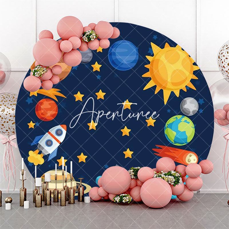 Aperturee - Universe Planet Star Rocket Round Backdrop For Party