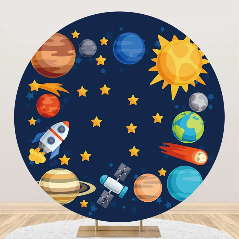 Aperturee - Universe Planet Star Rocket Round Backdrop For Party