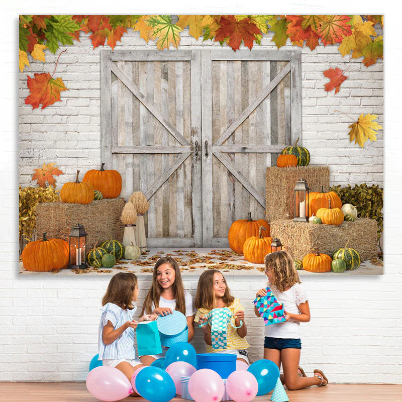 Aperturee - (7 Day Delivery) Aperturee Maple Pumpkin Brick Wall Wooden Door Autumn Backdrop