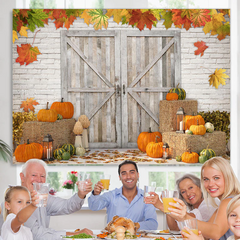 Aperturee - (7 Day Delivery) Aperturee Maple Pumpkin Brick Wall Wooden Door Autumn Backdrop